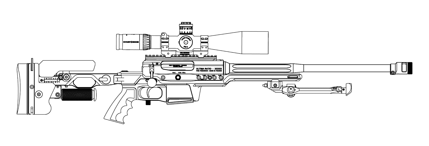 Vue filaire du PGM Ultima Ratio avec une configuration rail Picatinny court