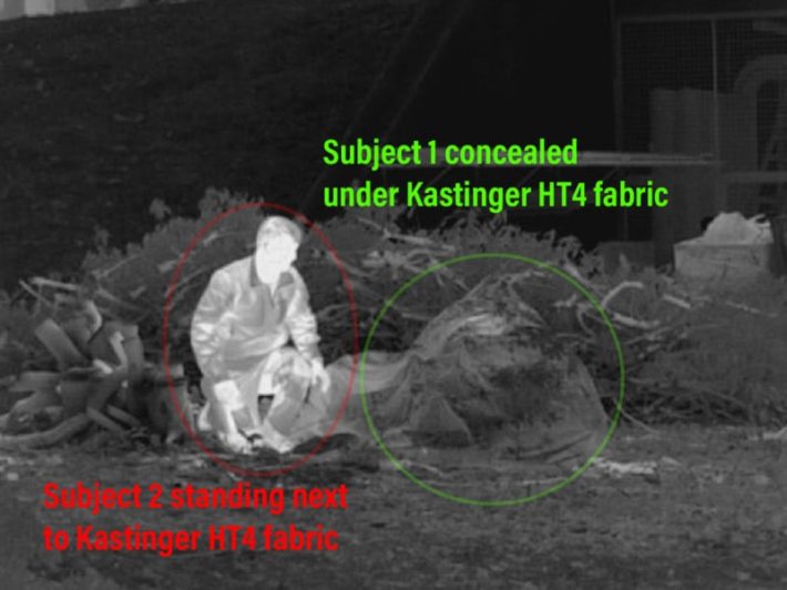 Thermal photo of two personnel, one camouflaged by ht4 kastinger technology