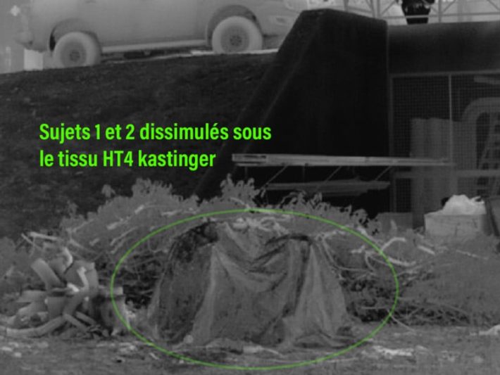 Photo thermique de deux personnels entièrement camouflés sous le tissu HT4