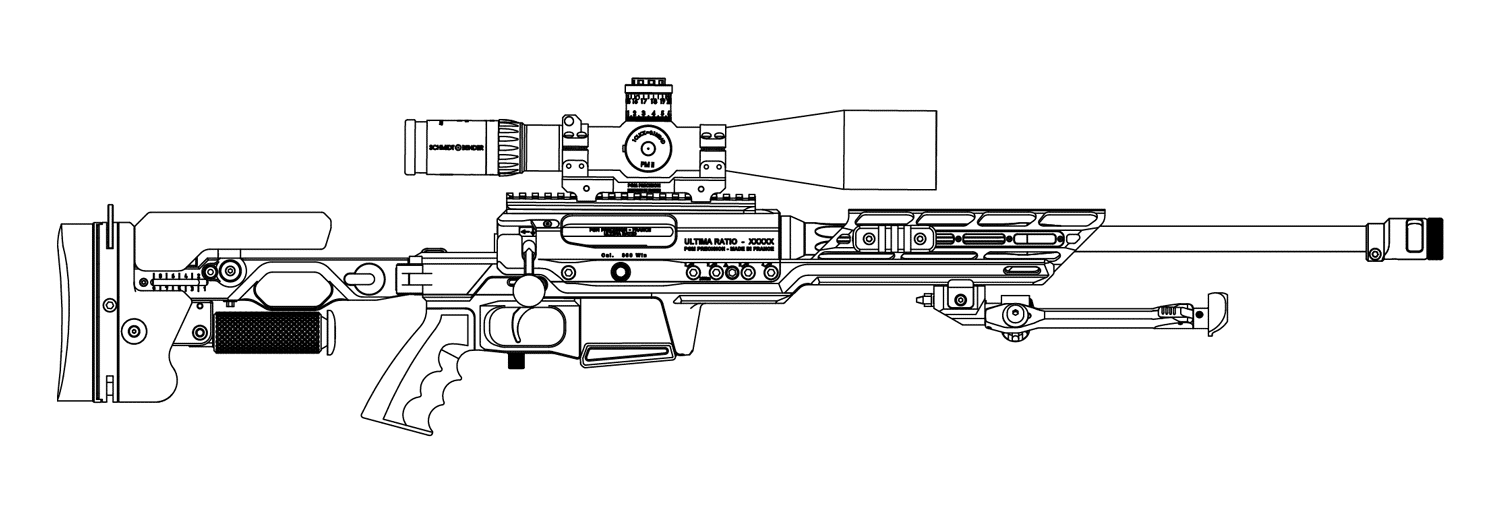 Vue filaire du PGM Ultima Ratio avec une configuration rail Picatinny court et cage MLOK