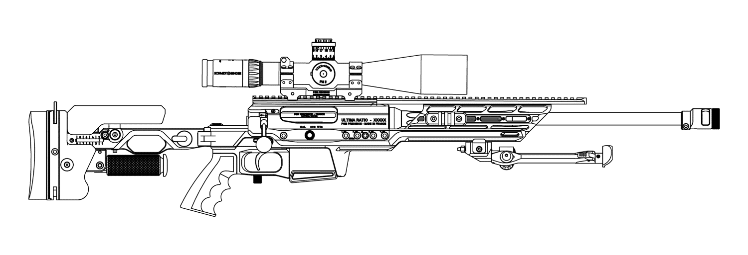 Vue filaire du PGM Ultima Ratio avec une configuration rail Picatinny long et cage MLOK