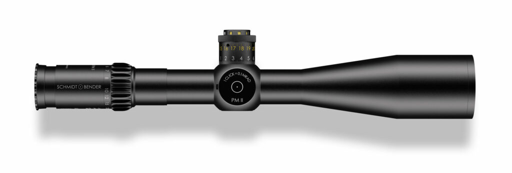 Photo de profil d'une lunette de tir Schmidt & Bender 5-25x56 PM II pour le TLD et le tir de précision