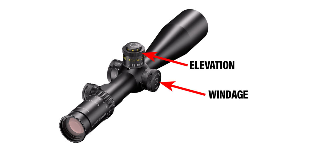 Elevation and windage turrets of a Schmidt & Bender 5-25x56 PM II High Performance