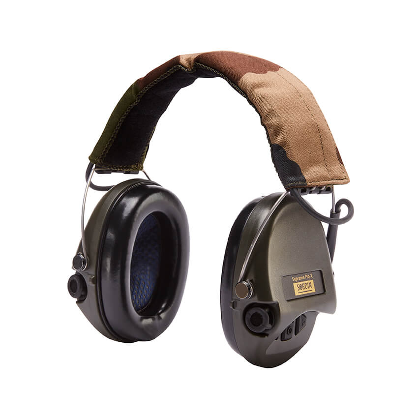 Sordin Supreme Pro X Adjustable Active Safety Hearing Protection with Gel Seals Leather Headband and Green Cups
