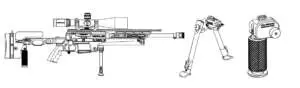 Wired drawing of a PGM Ultima Ratio, a bipod and a butt spike